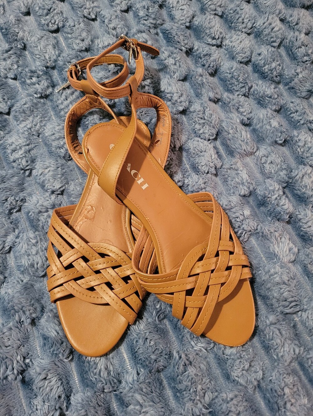COACH Women's Cognac Woven Leather Buckle Sandals 7.5